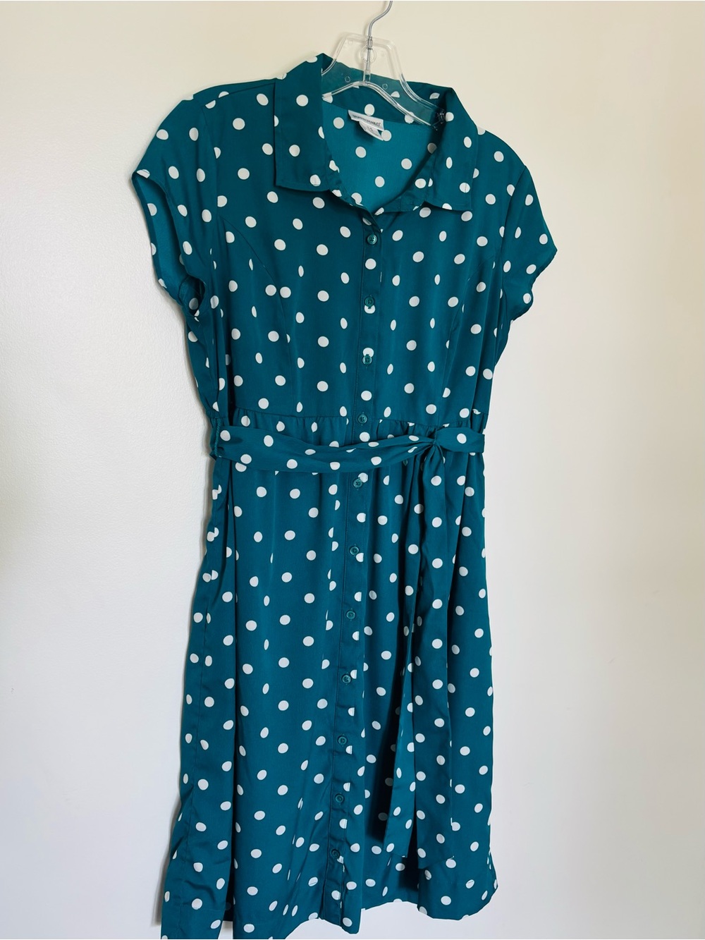 Motherhood Maternity Teal and White Polka Dot Button-Front Dress with Tie Waist
